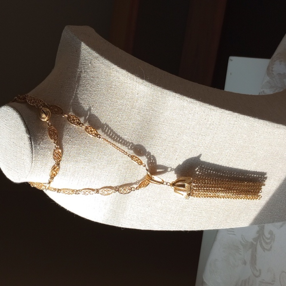 Vintage unique tassel bell scroll Statement Necklace Gold Tone  30"